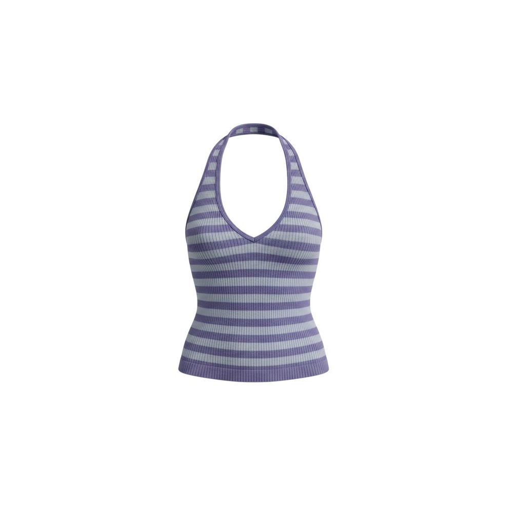 Bella Seamless Halter Top Womens Small Purple Striped Ribbed Knit V-Neck Y2010